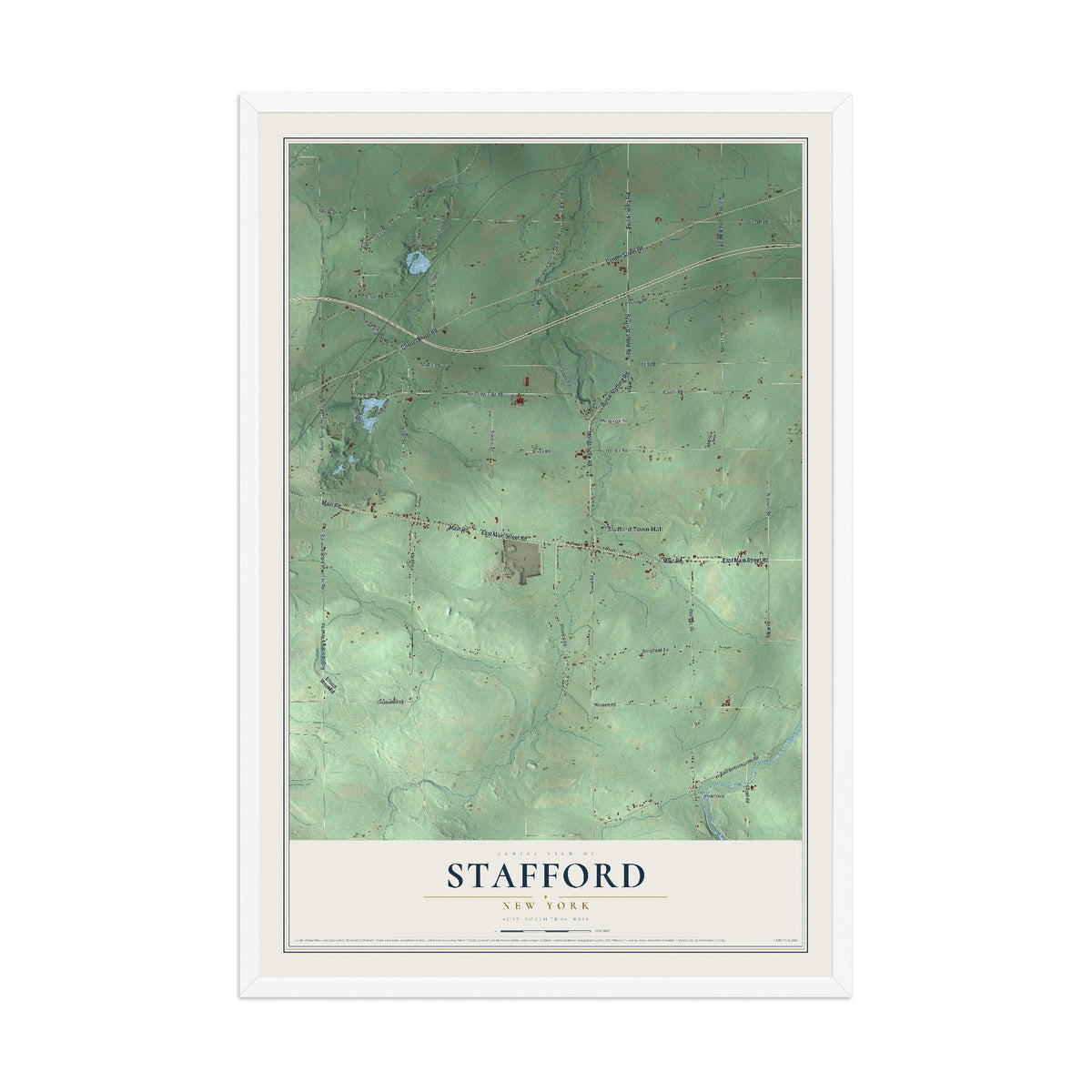 Stafford, New York map print, 12" x 18" W/ White Ayous Wood Frame mockup