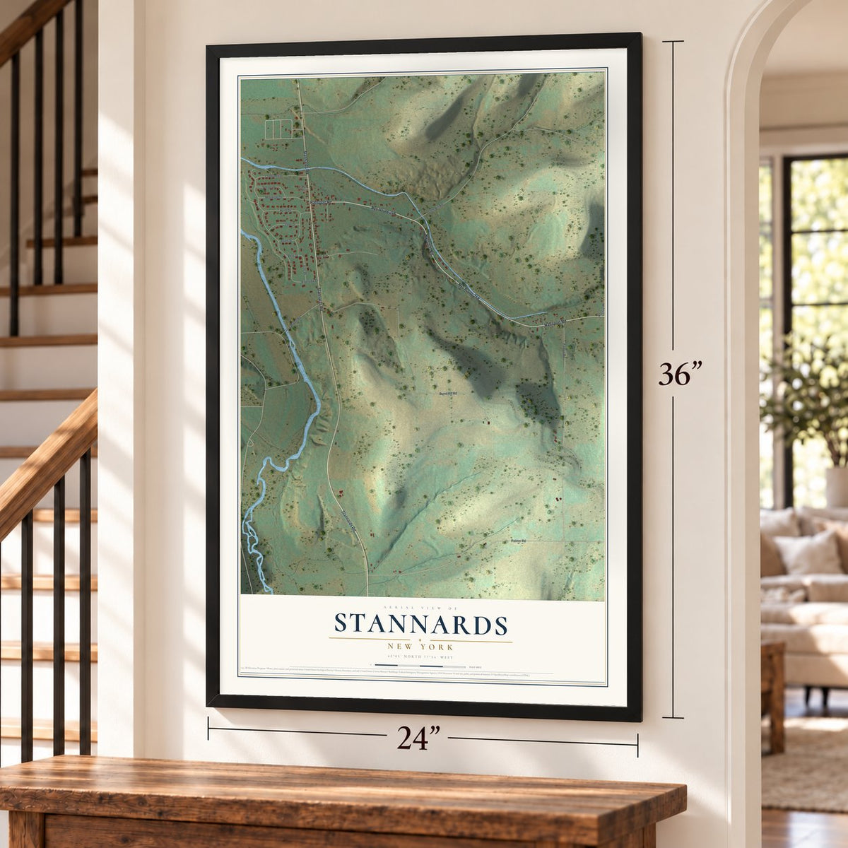 Stannards, New York map, 24 x 36 inch print in a black frame by a staircase