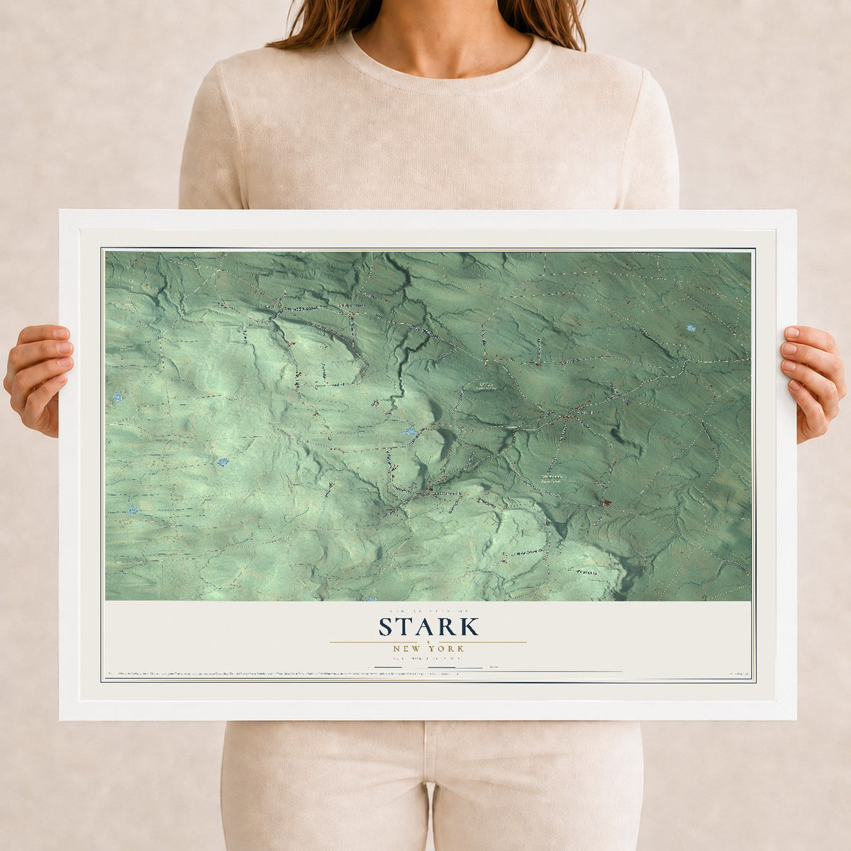 Stark, New York map print, 12" x 18" W/ White Ayous Wood Frame mockup