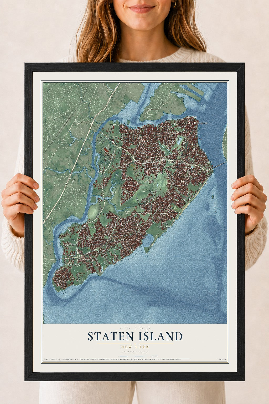 Map of Staten Island, New York, 18 x 24 inch print in a black wood frame