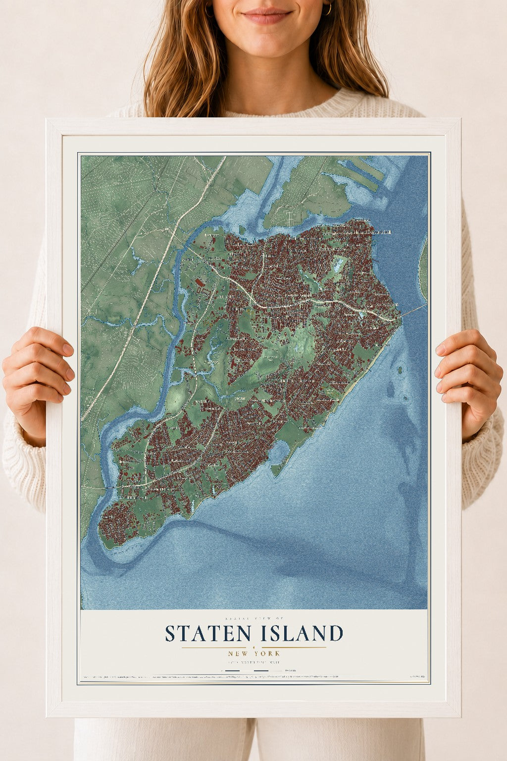 Map of Staten Island, New York, 18 x 24 inch print in a white wood frame