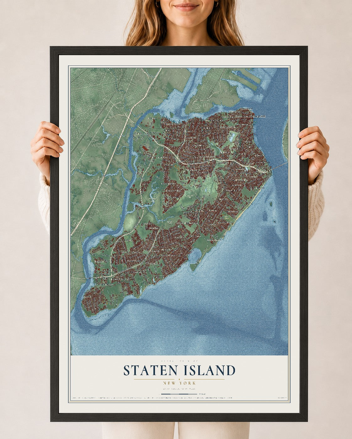 Map of Staten Island, New York, 24 x 36 inch print in a black wood frame