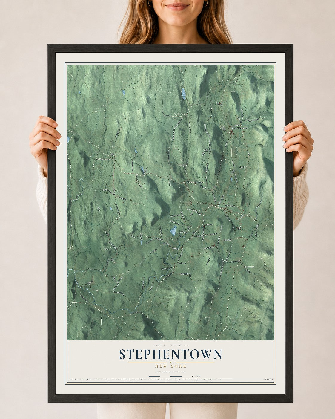 Stephentown, New York map print, 24" x 36" W/ Black Ayous Wood Frame mockup