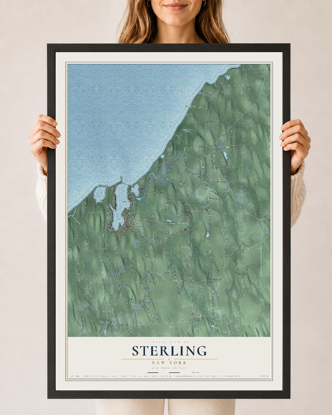 Sterling, New York map print, 24" x 36" W/ Black Ayous Wood Frame mockup