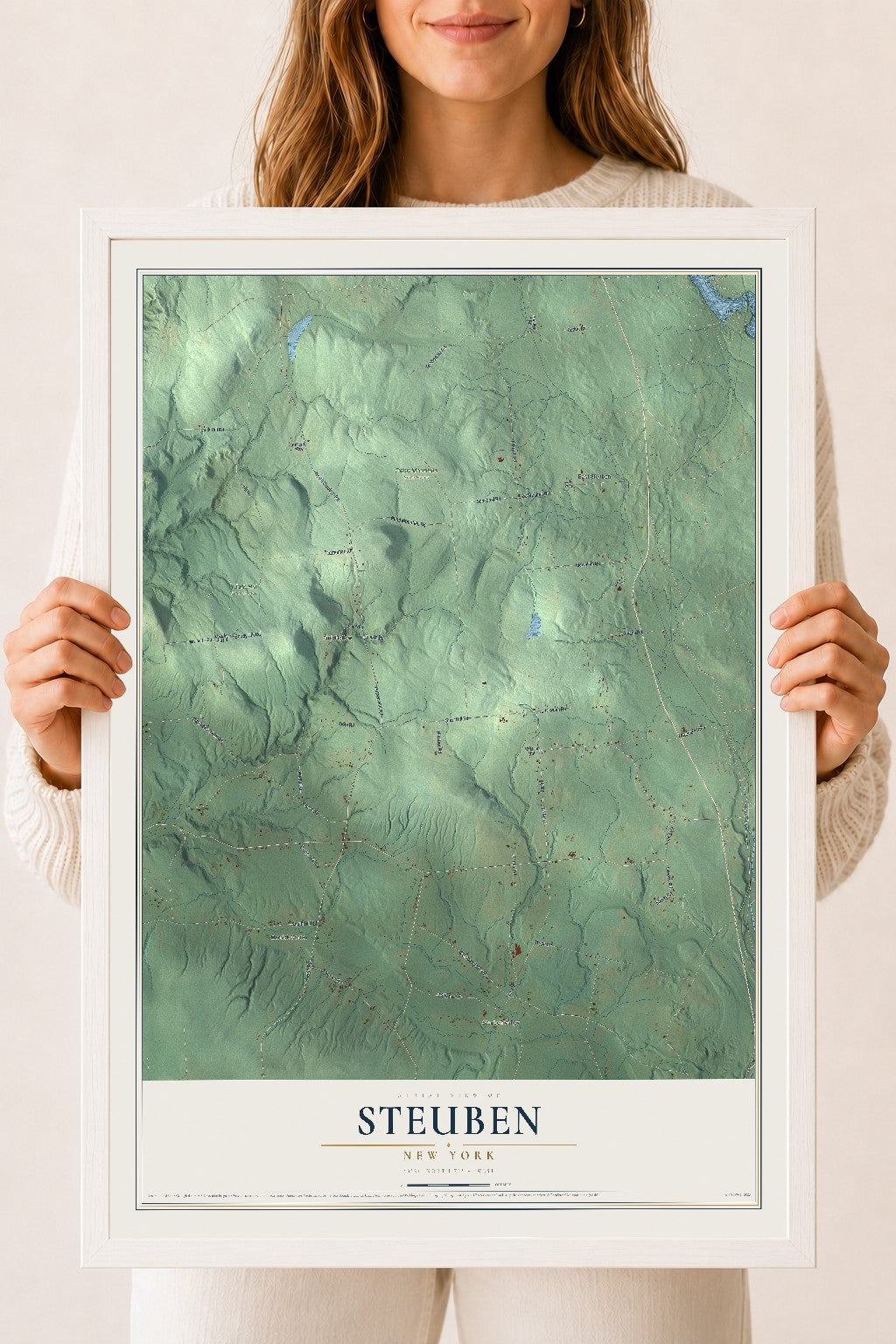 Steuben, New York map print, 18" x 24" W/ White Ayous Wood Frame mockup