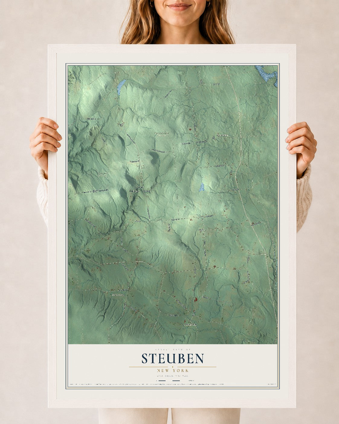 Steuben, New York map print, 24" x 36" W/ White Ayous Wood Frame mockup