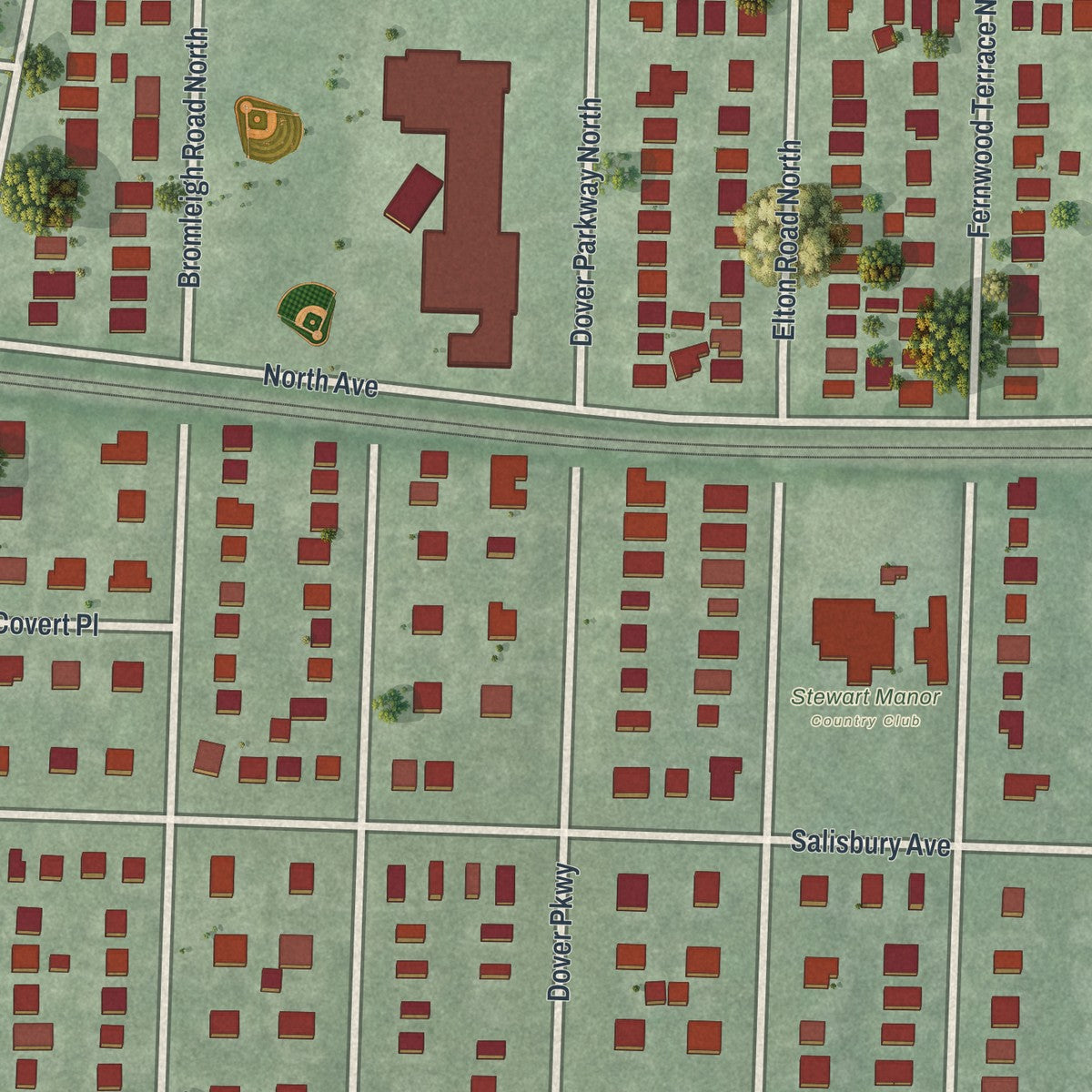 Close-up of the map of Stewart Manor, New York print showing street and building detail