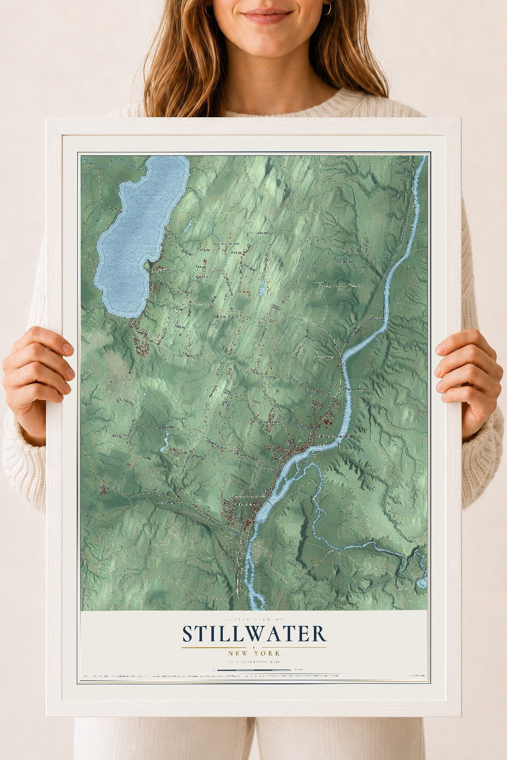Stillwater, New York map print, 18" x 24" W/ White Ayous Wood Frame mockup