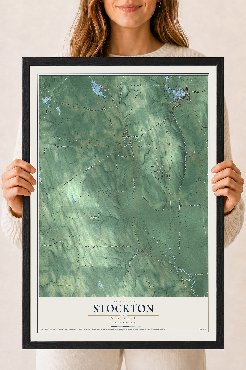 Stockton, New York map print, 18" x 24" W/ Black Ayous Wood Frame mockup