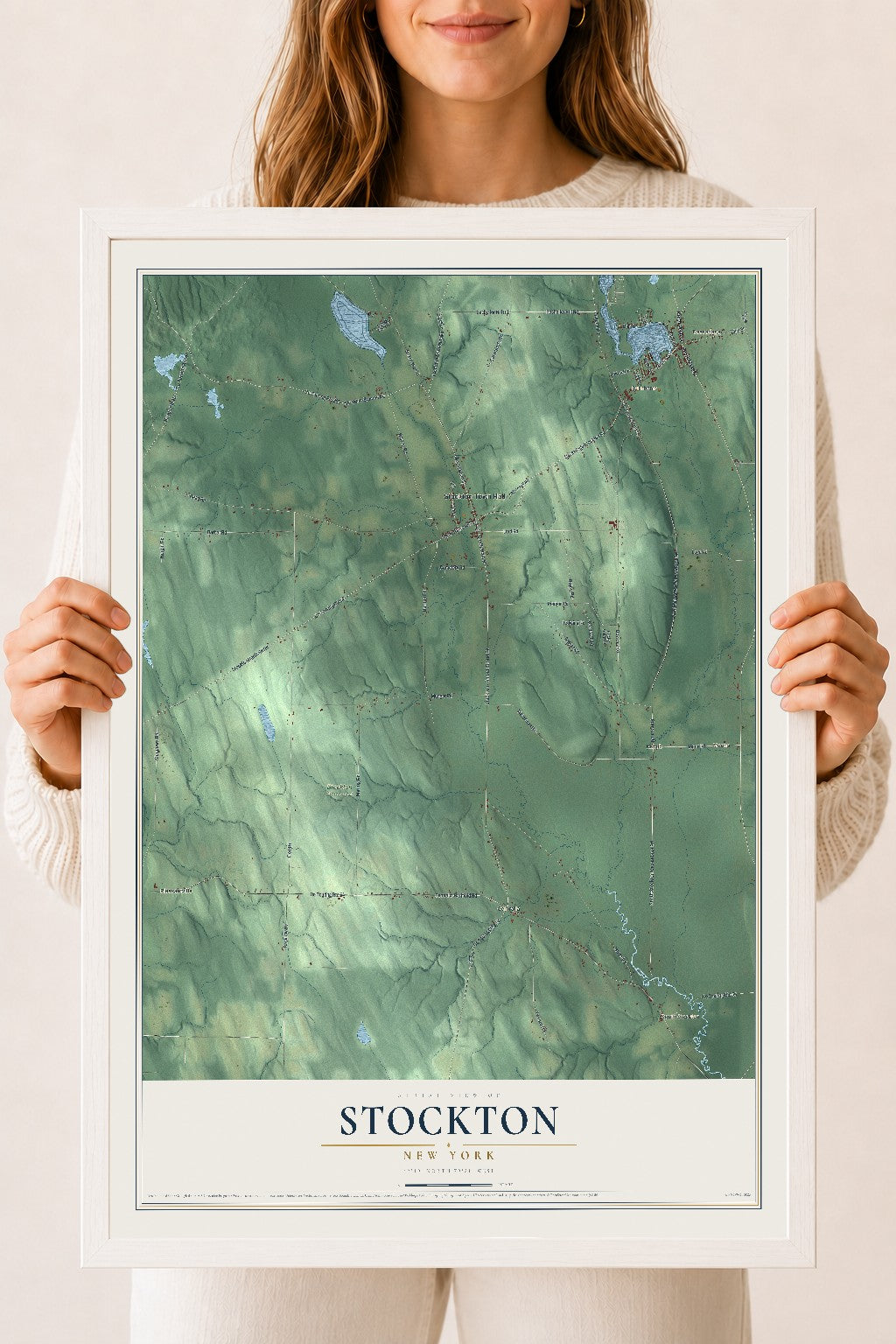 Stockton, New York map print, 18" x 24" W/ White Ayous Wood Frame mockup