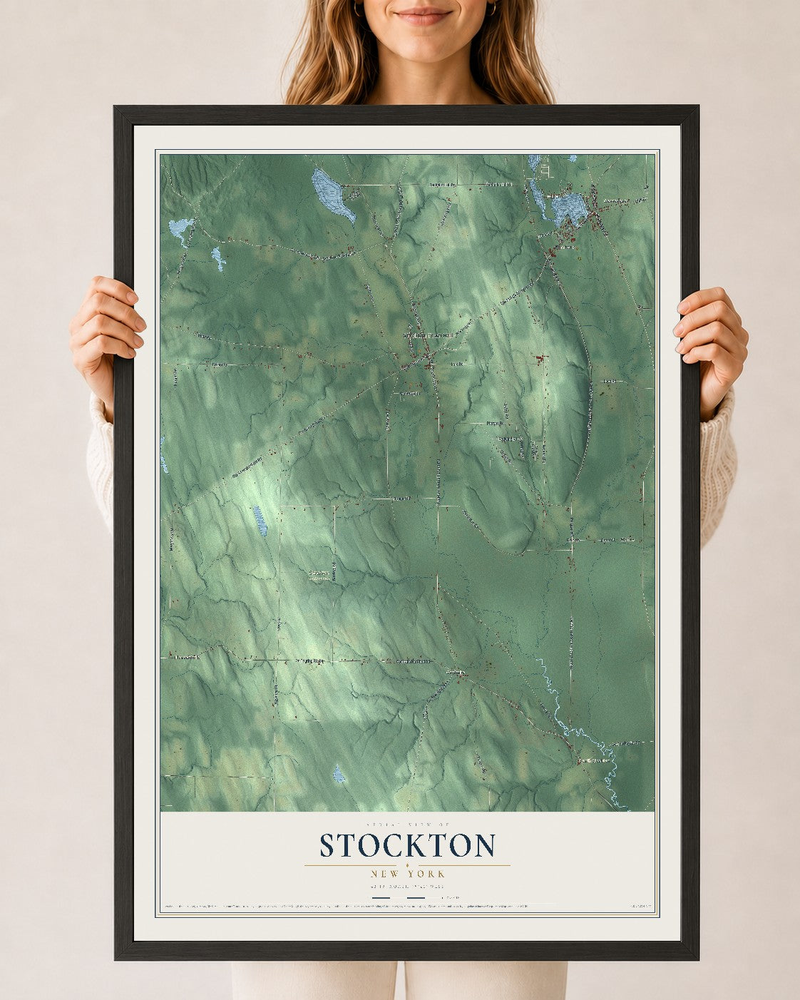 Stockton, New York map print, 24" x 36" W/ Black Ayous Wood Frame mockup
