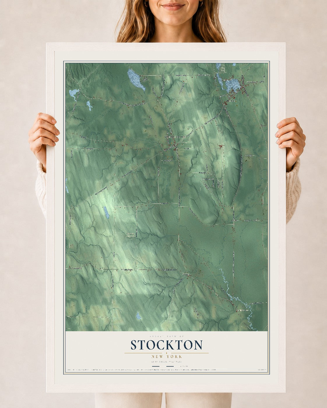 Stockton, New York map print, 24" x 36" W/ White Ayous Wood Frame mockup