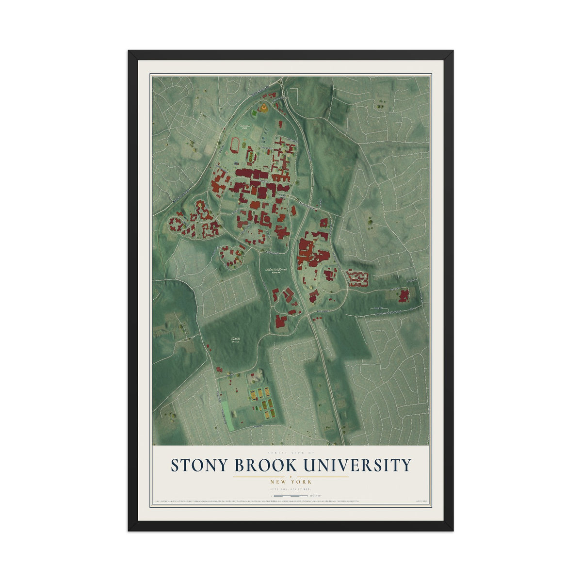 Stony Brook University, New York map print, 12" x 18" W/ Black Ayous Wood Frame mockup