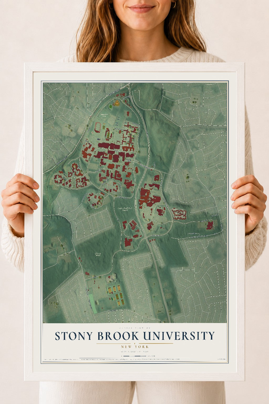 Stony Brook University, New York map print, 18" x 24" W/ White Ayous Wood Frame mockup