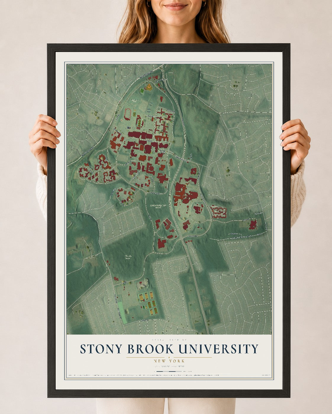 Stony Brook University, New York map print, 24" x 36" W/ Black Ayous Wood Frame mockup