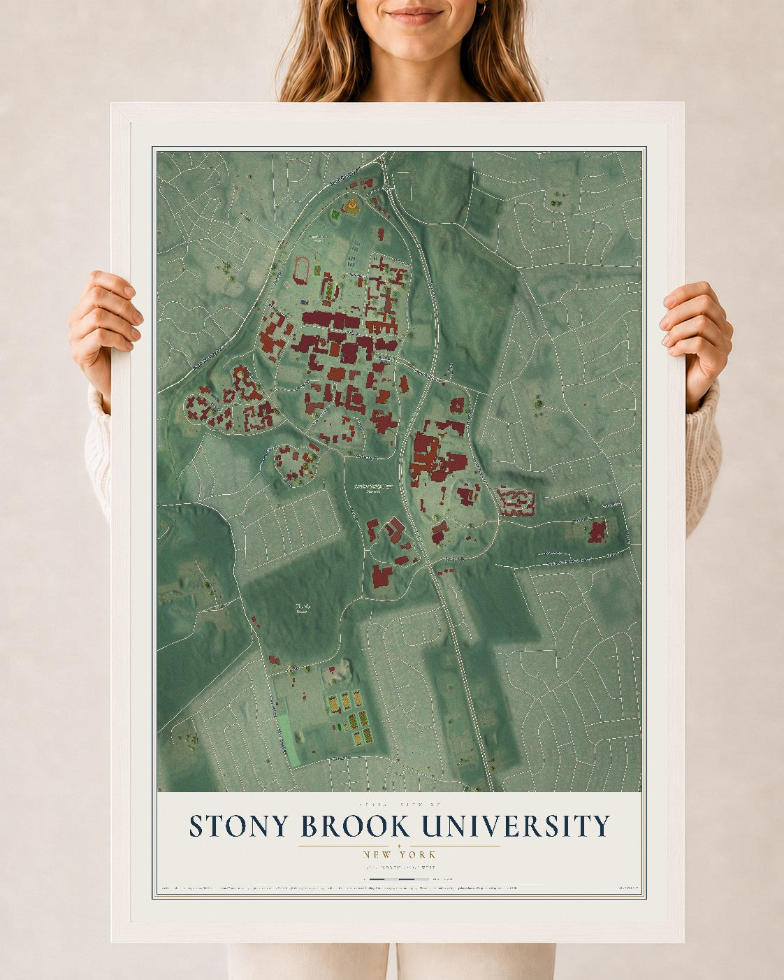 Stony Brook University, New York map print, 24" x 36" W/ White Ayous Wood Frame mockup