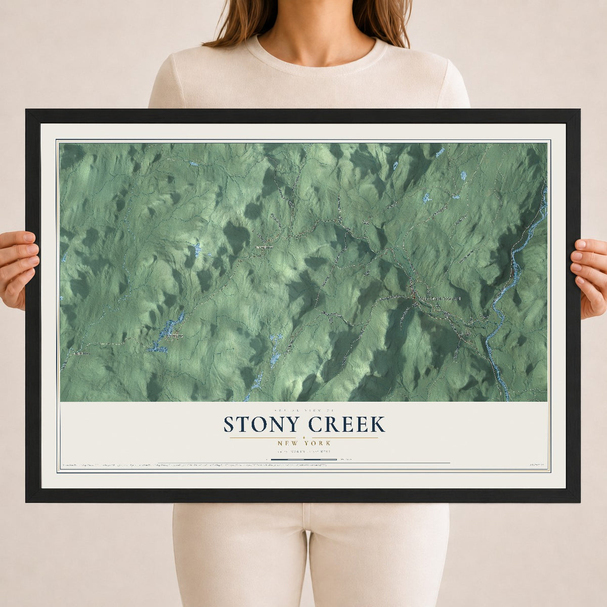 Stony Creek, New York map print, 18" x 24" W/ Black Ayous Wood Frame mockup