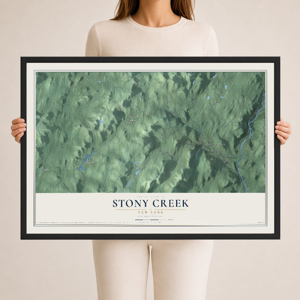 Stony Creek, New York map print, 24" x 36" W/ Black Ayous Wood Frame mockup