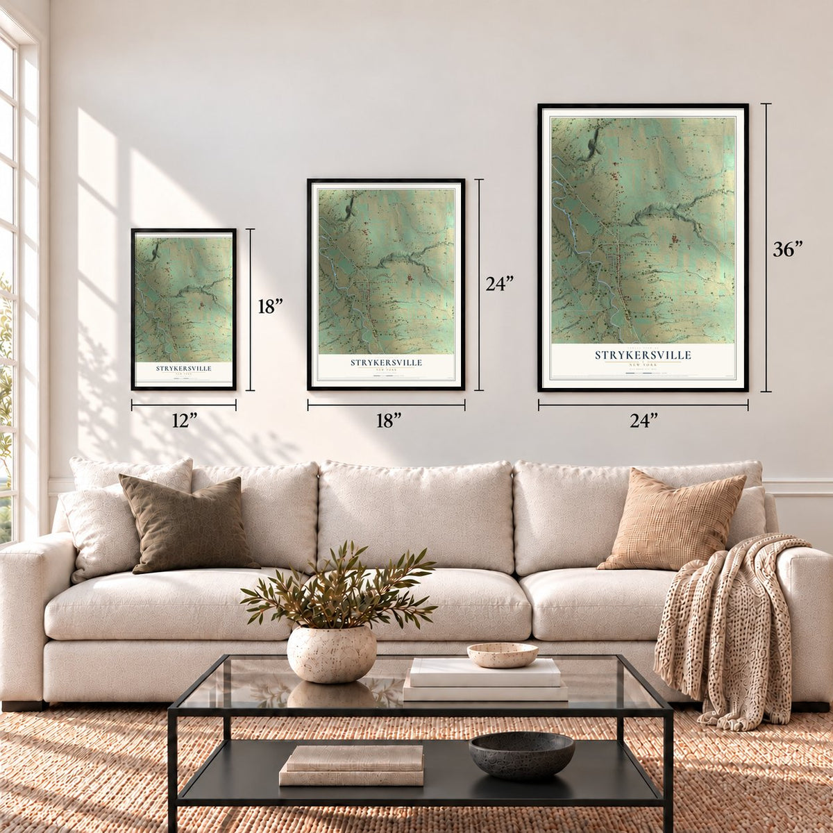 Strykersville, New York map in 12 x 18, 18 x 24 and 24 x 36 inch sizes above a sofa