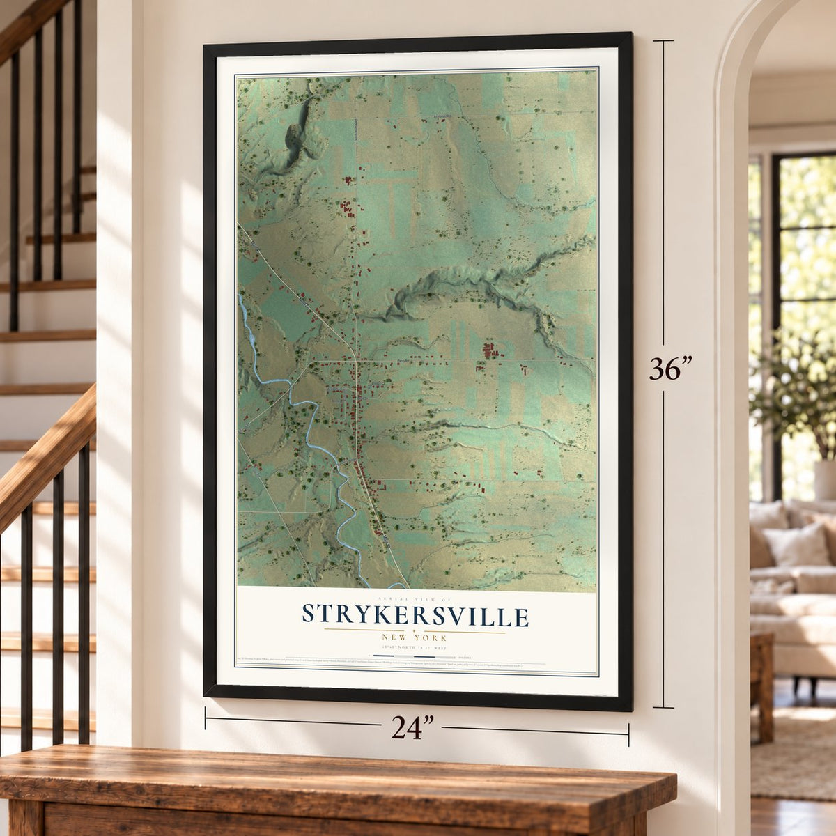 Strykersville, New York map, 24 x 36 inch print in a black frame by a staircase