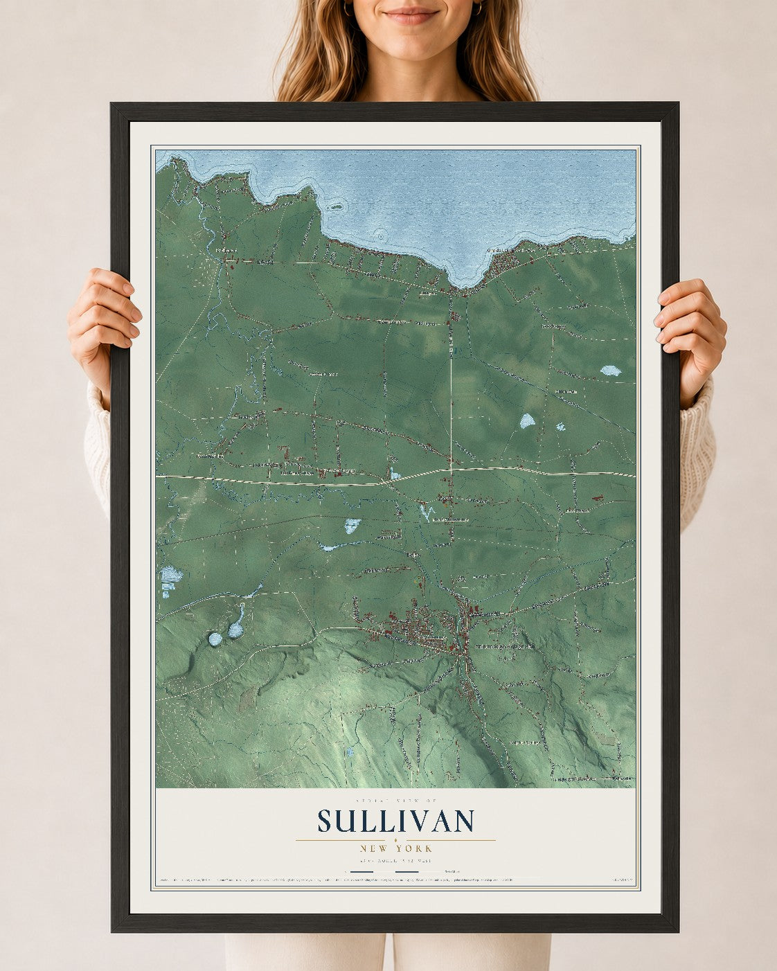 Sullivan, New York map print, 24" x 36" W/ Black Ayous Wood Frame mockup