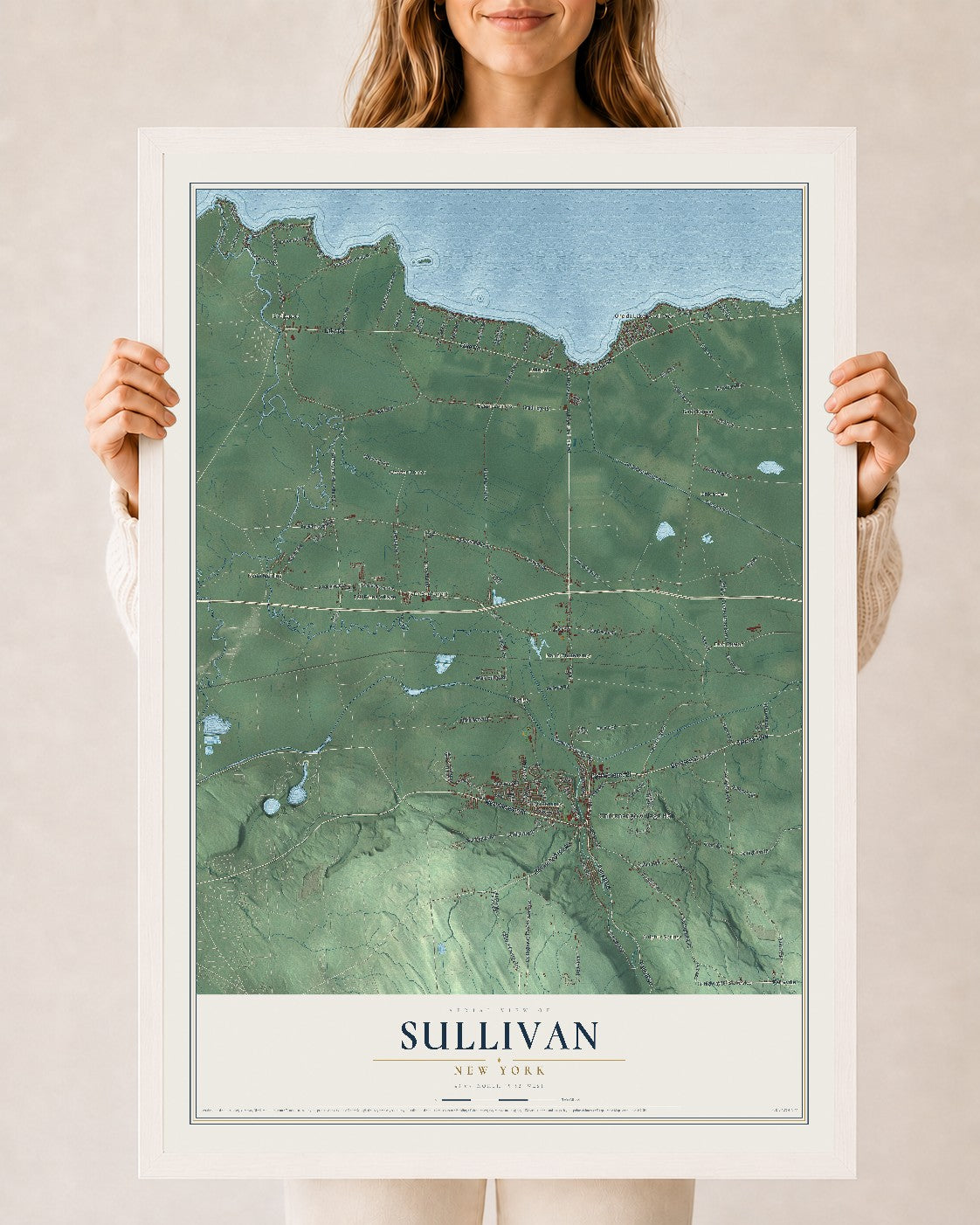 Sullivan, New York map print, 24" x 36" W/ White Ayous Wood Frame mockup