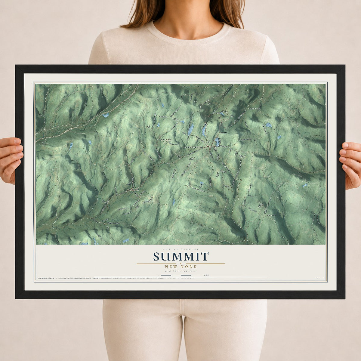 Summit, New York map print, 18" x 24" W/ Black Ayous Wood Frame mockup