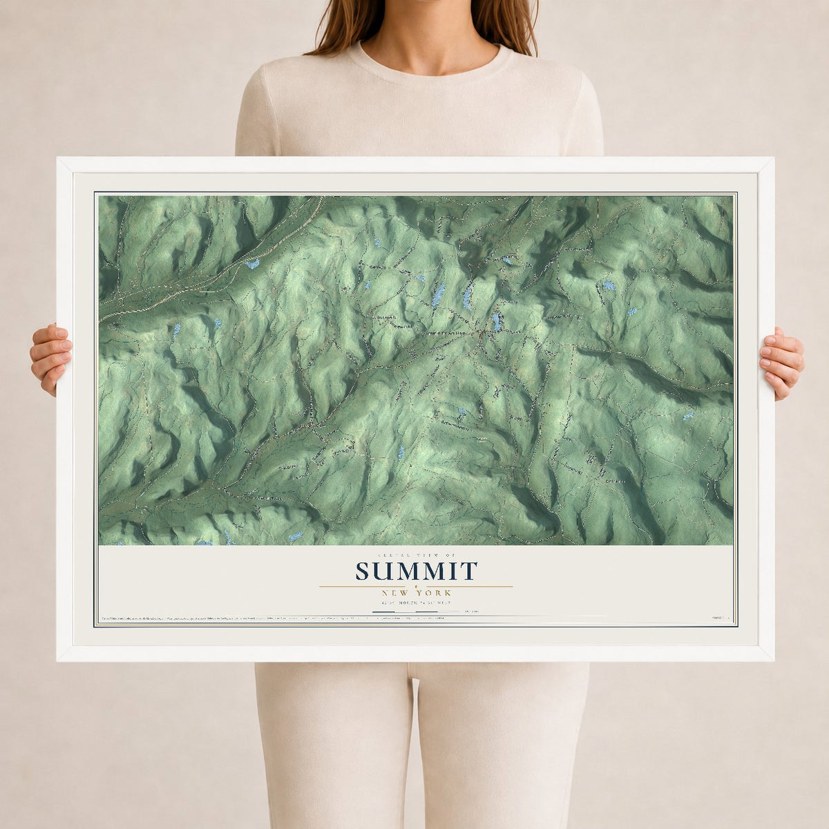 Summit, New York map print, 24" x 36" W/ White Ayous Wood Frame mockup