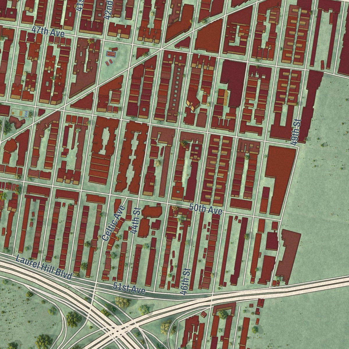 Close-up of the map of Sunnyside, New York print showing street and building detail