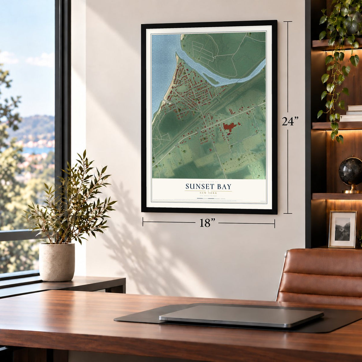 Sunset Bay, New York map, 18 x 24 inch print in a black frame in a home office