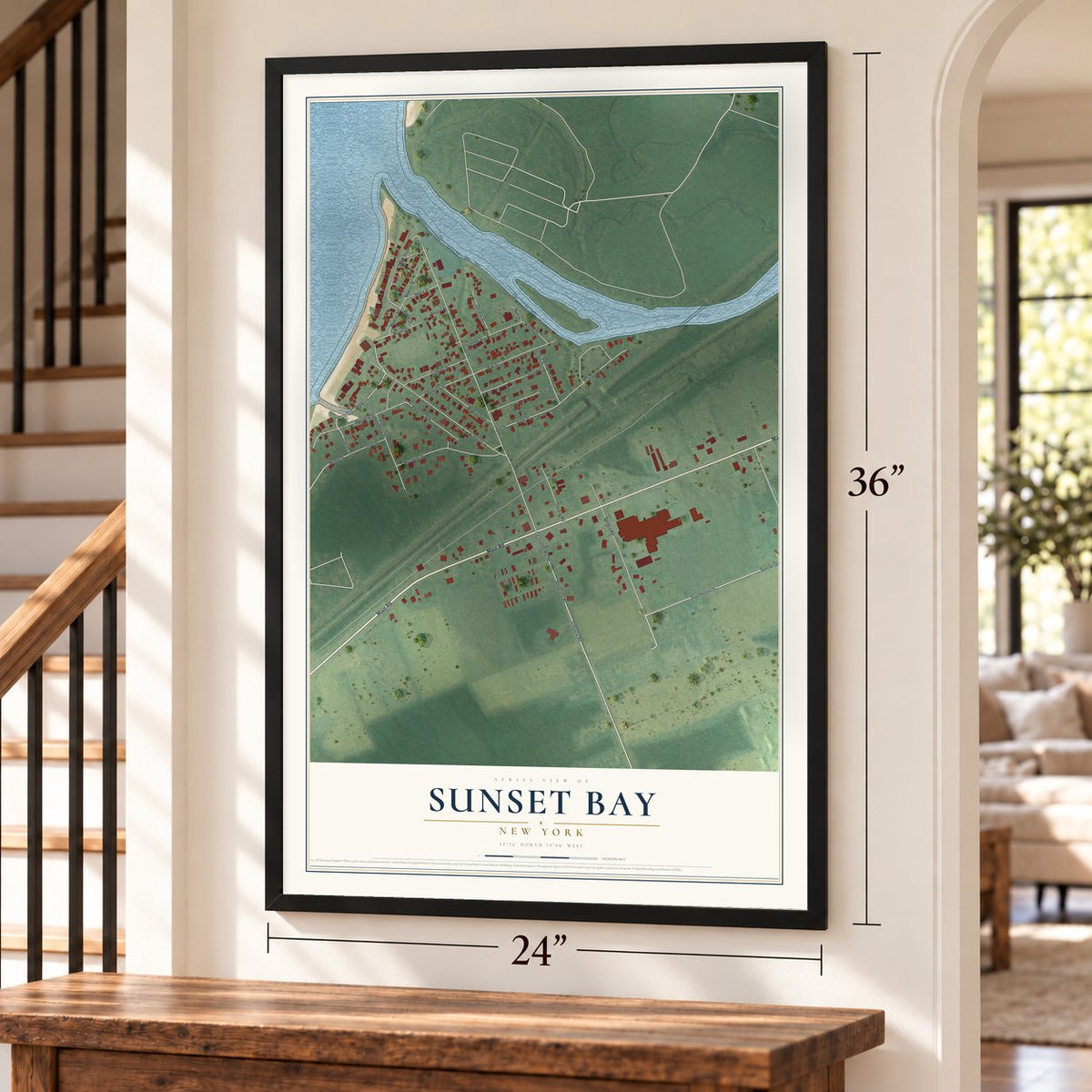 Sunset Bay, New York map, 24 x 36 inch print in a black frame by a staircase