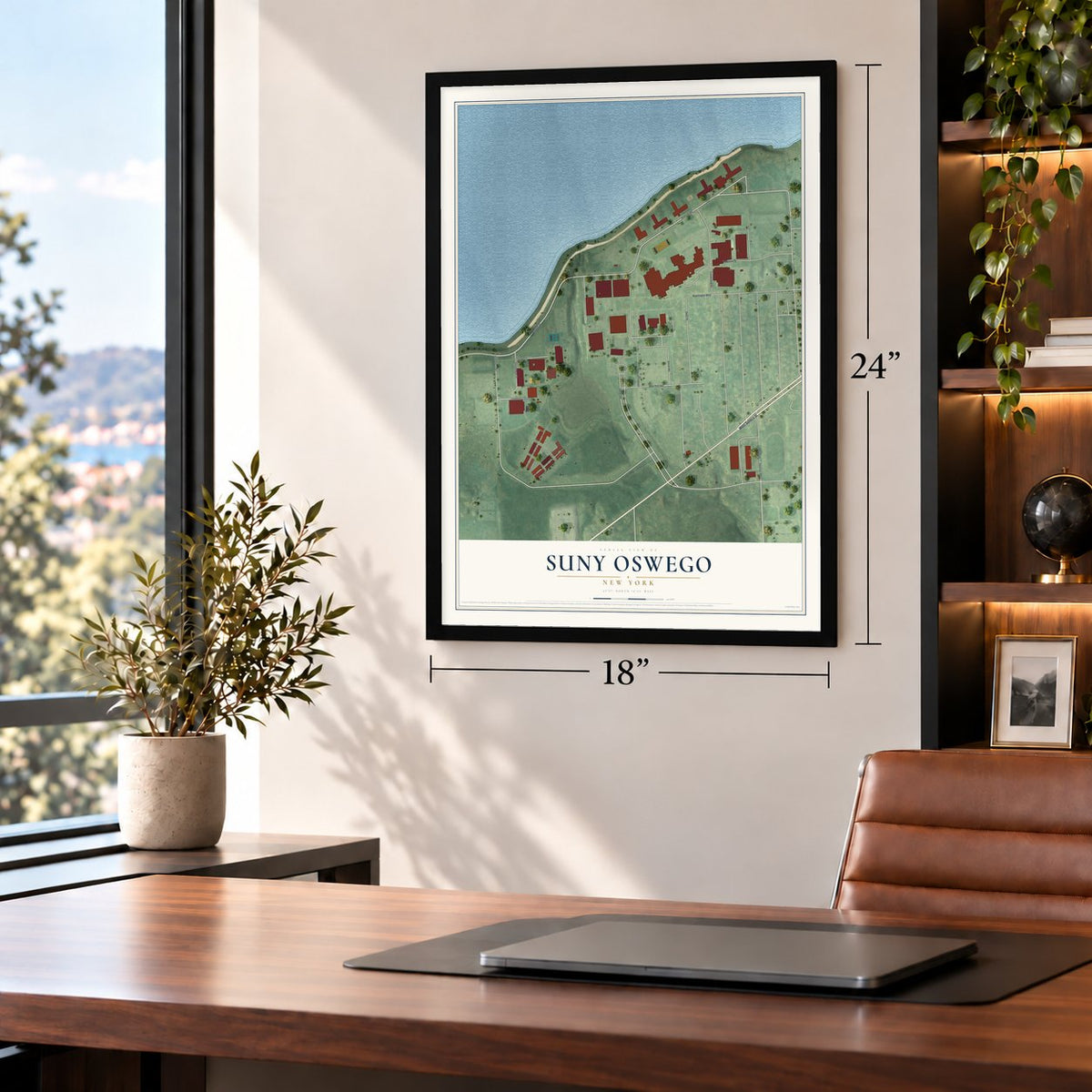 SUNY Oswego, New York map, 18 x 24 inch print in a black frame in a home office