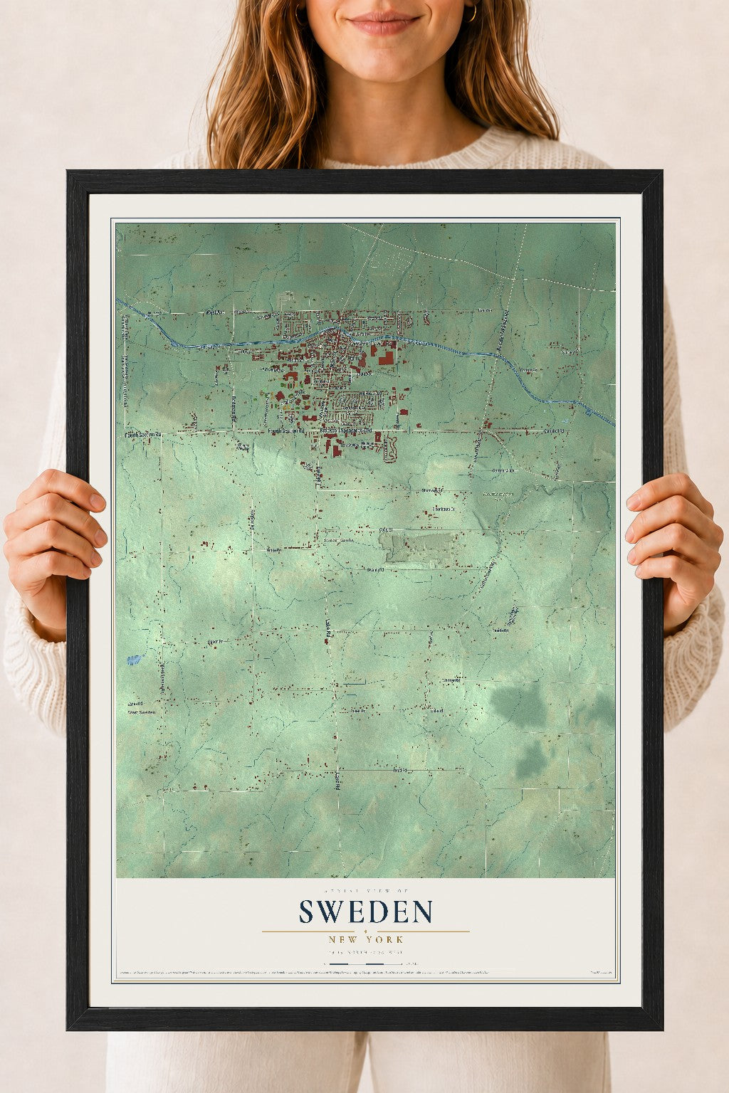 Sweden, New York map print, 18" x 24" W/ Black Ayous Wood Frame mockup