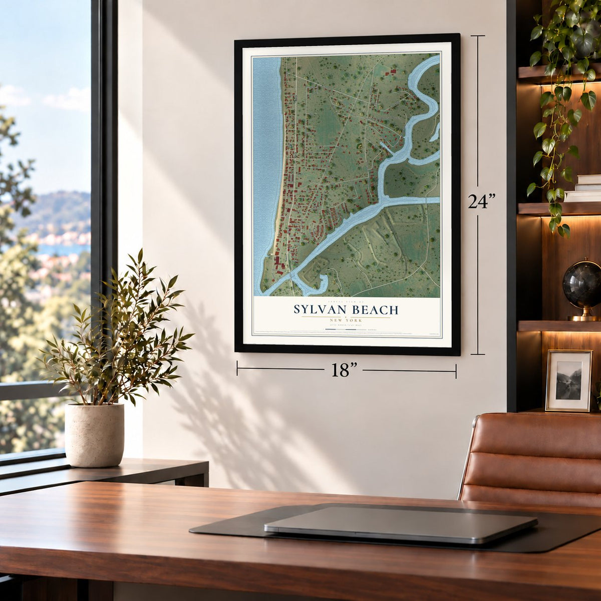 Sylvan Beach, New York map, 18 x 24 inch print in a black frame in a home office