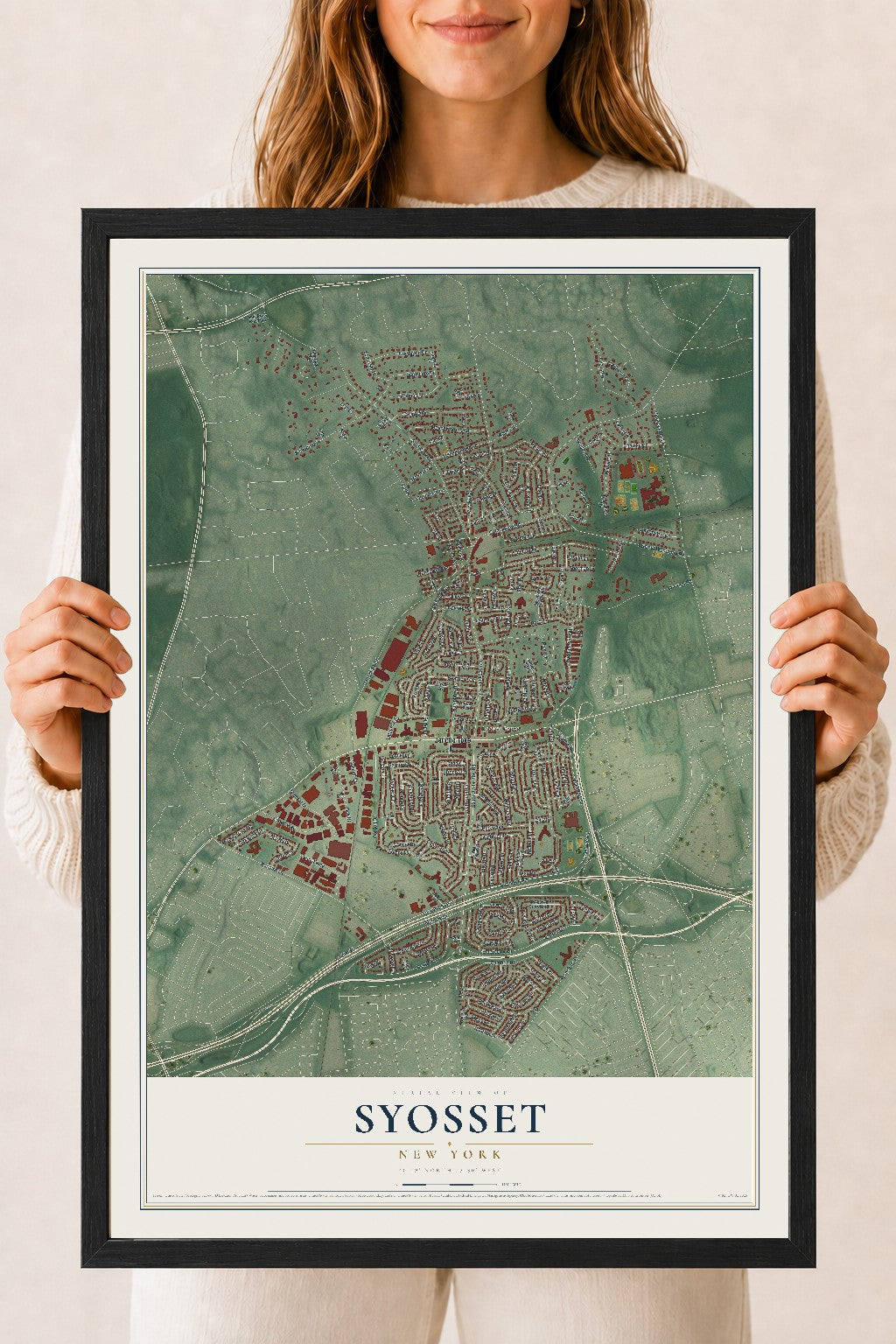 Syosset, New York map print, 18" x 24" W/ Black Ayous Wood Frame mockup