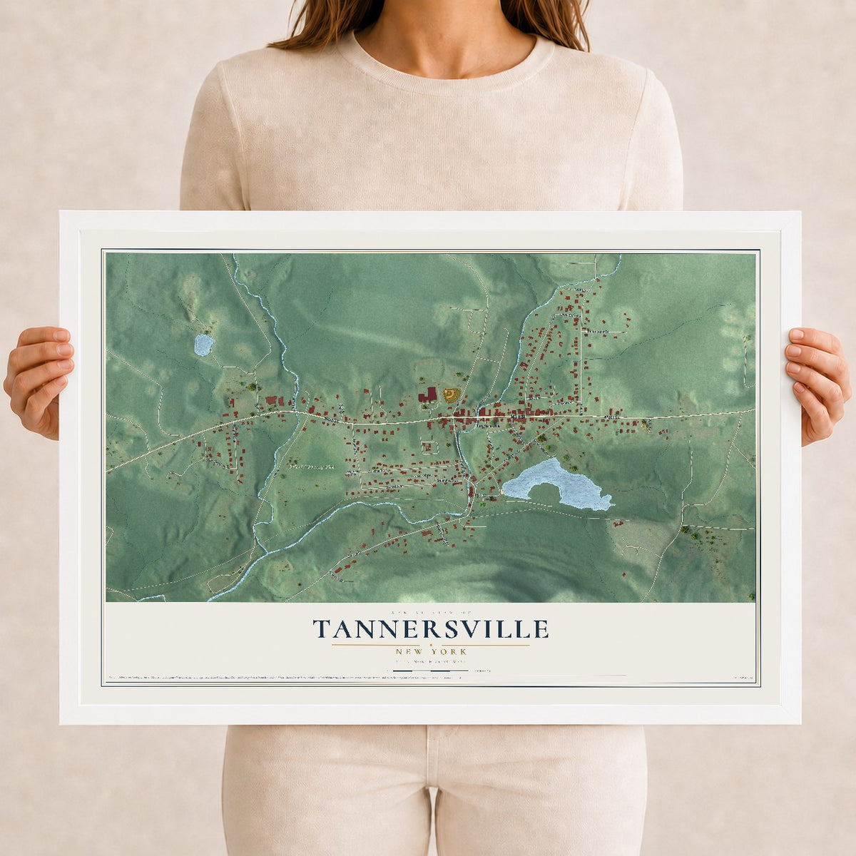 Tannersville, New York map print, 12" x 18" W/ White Ayous Wood Frame mockup