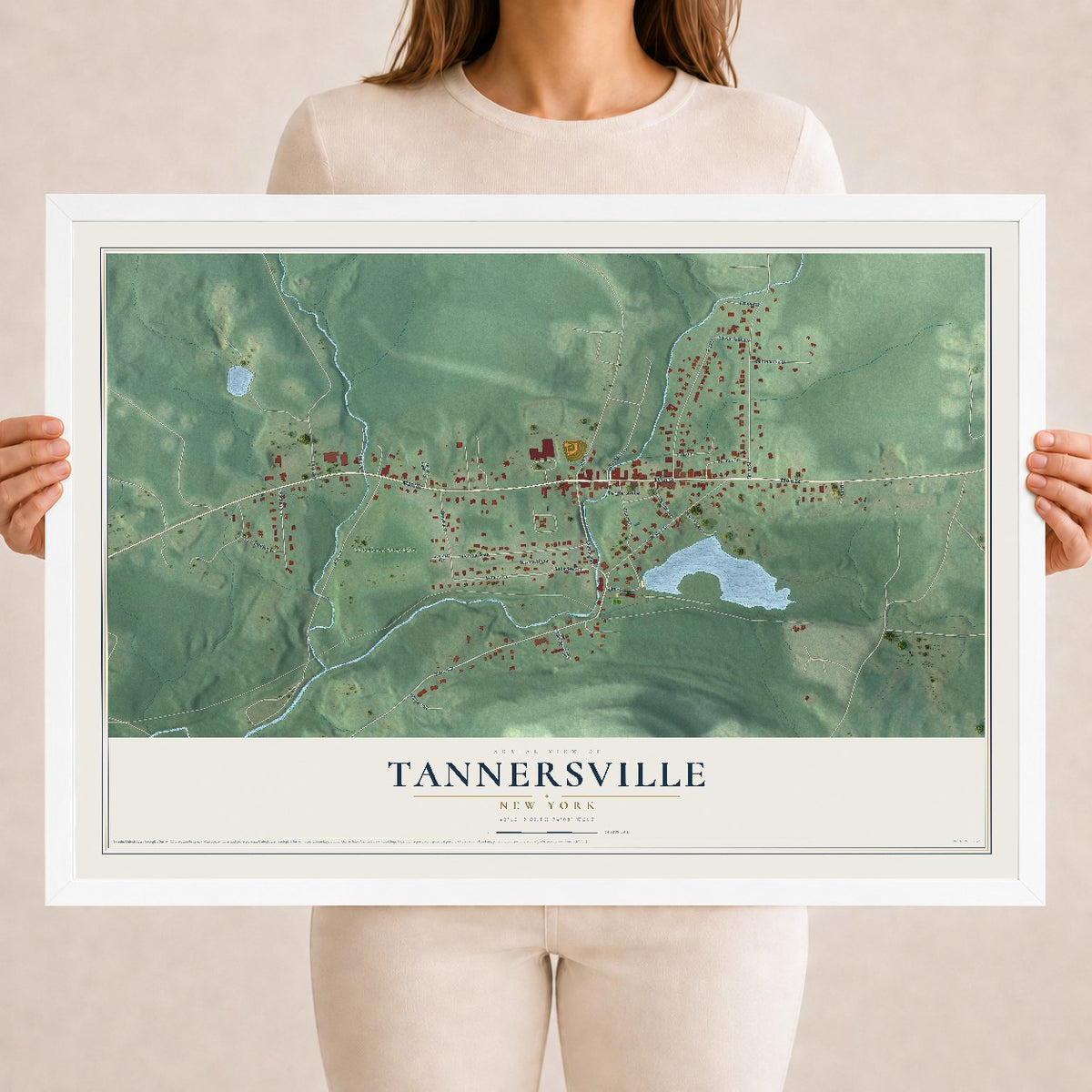 Tannersville, New York map print, 18" x 24" W/ White Ayous Wood Frame mockup
