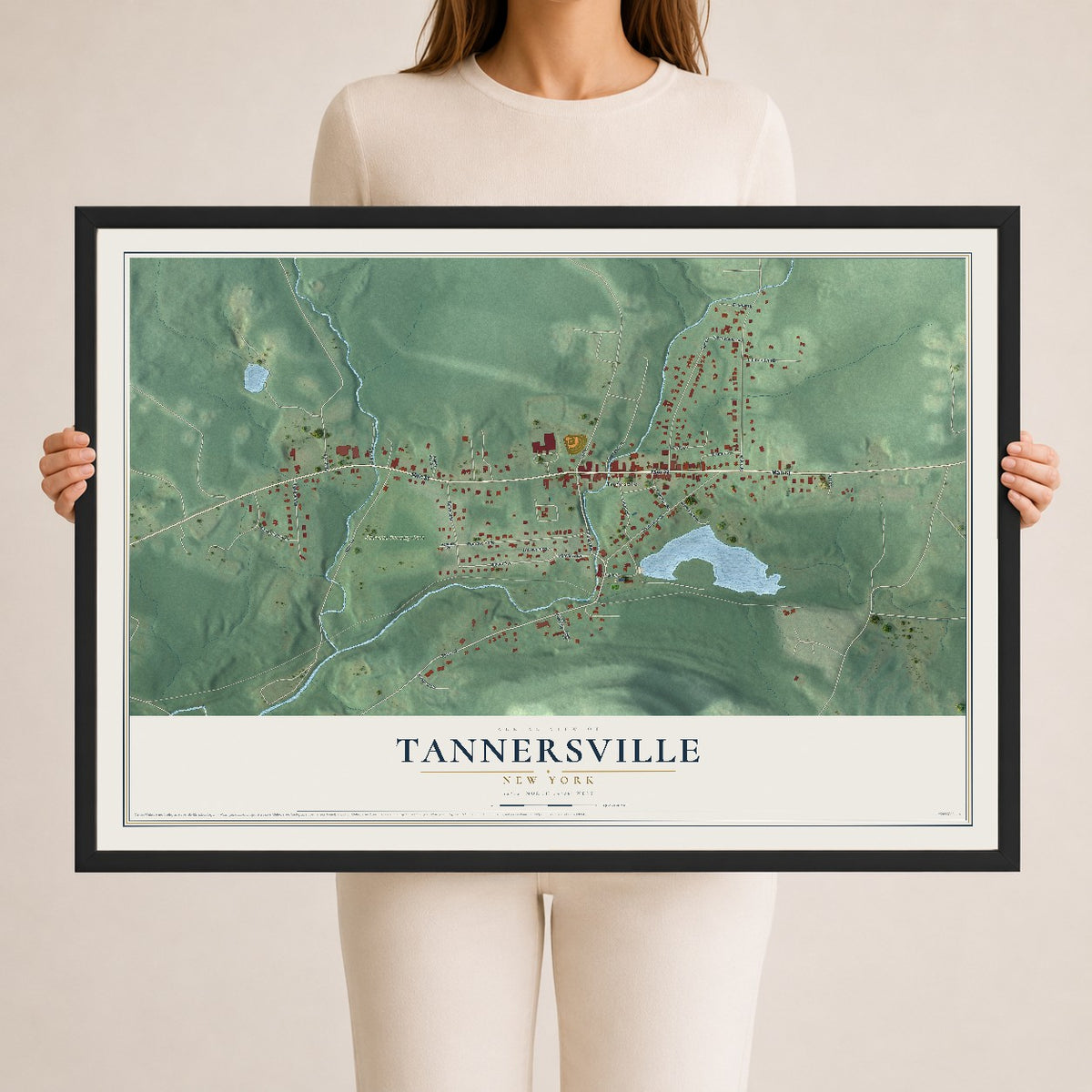 Tannersville, New York map print, 24" x 36" W/ Black Ayous Wood Frame mockup