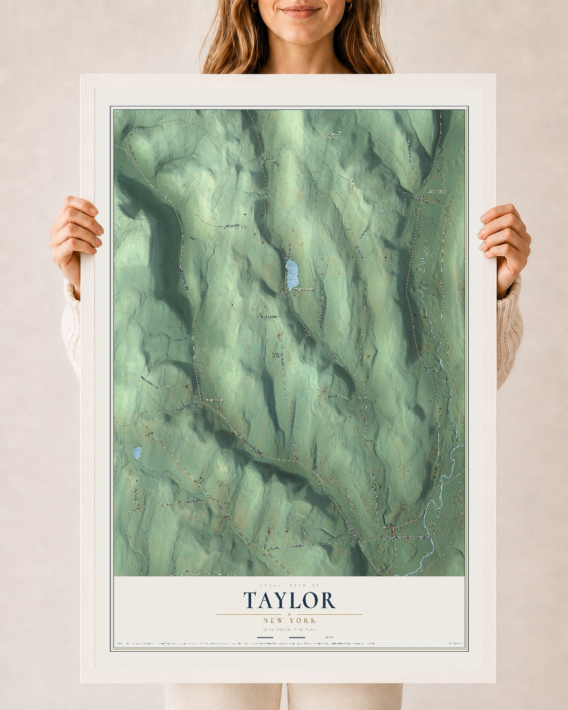 Taylor, New York map print, 24" x 36" W/ White Ayous Wood Frame mockup