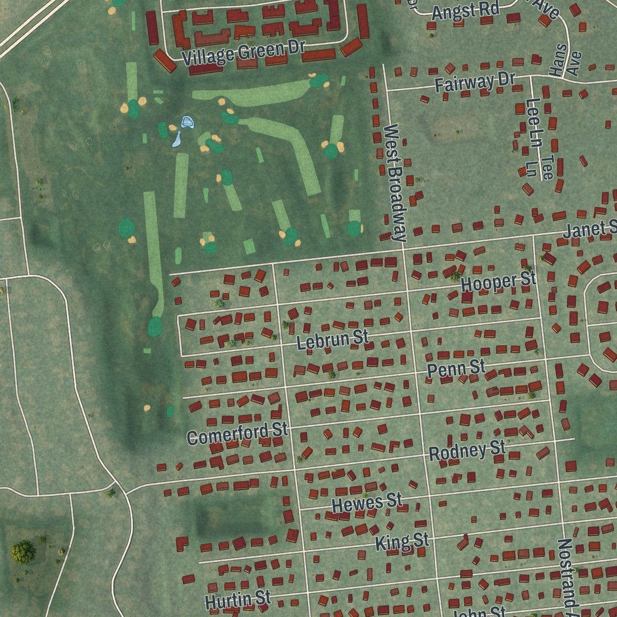 Close-up of the map of Terryville, New York print showing street and building detail