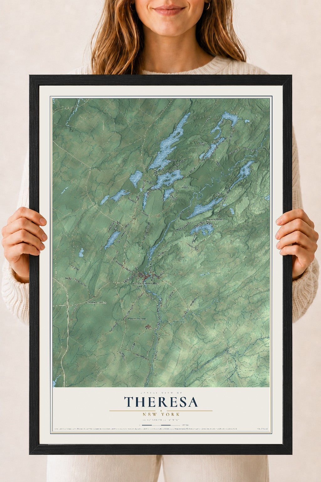 Theresa, New York map print, 18" x 24" W/ Black Ayous Wood Frame mockup