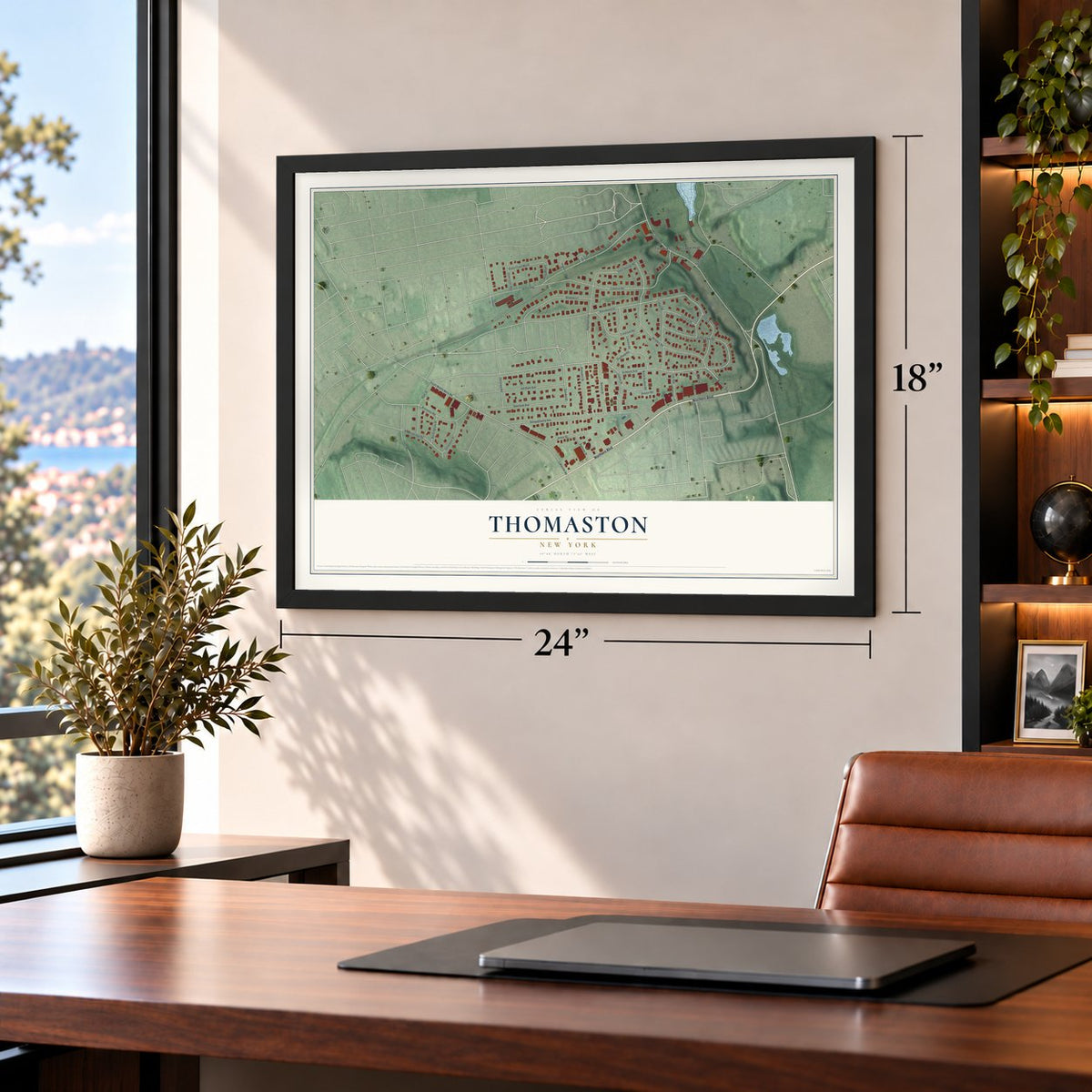 Thomaston, New York map, 18 x 24 inch print in a black frame in a home office