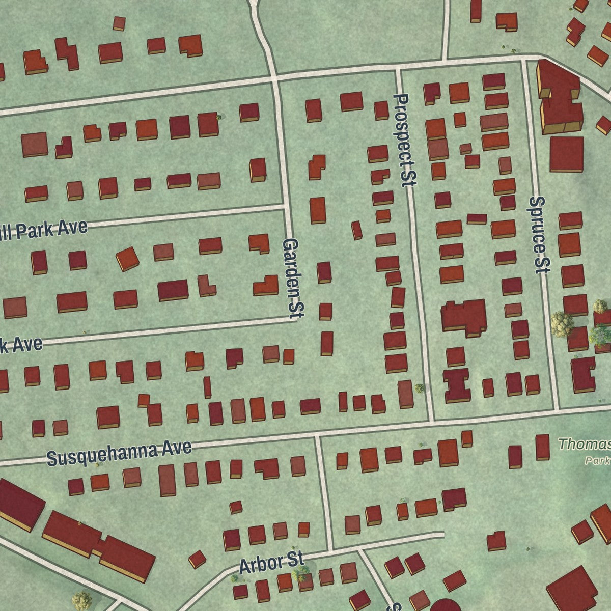 Close-up of the map of Thomaston, New York print showing street and building detail