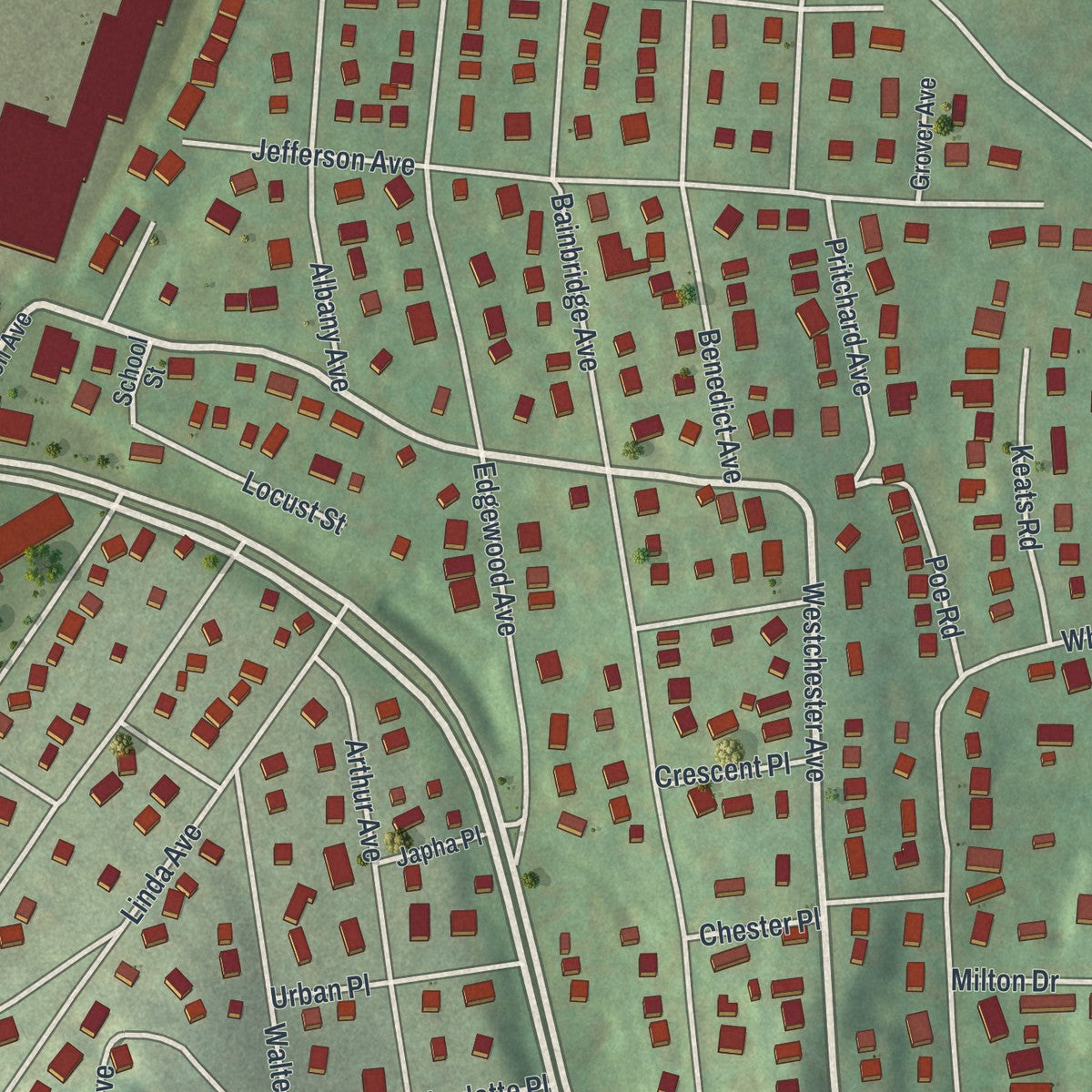 Close-up of the map of Thornwood, New York print showing street and building detail