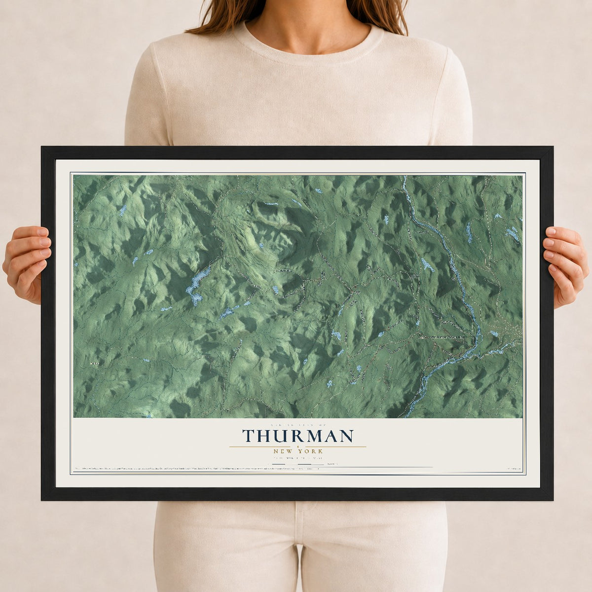 Thurman, New York map print, 12" x 18" W/ Black Ayous Wood Frame mockup