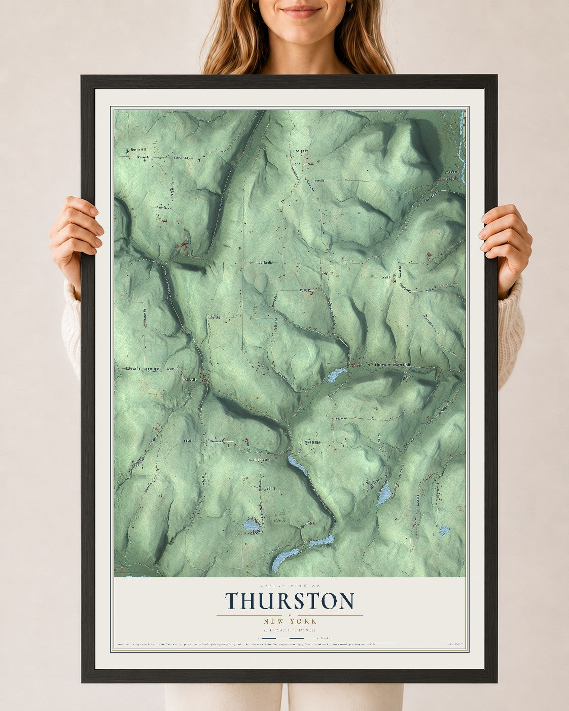 Thurston, New York map print, 24" x 36" W/ Black Ayous Wood Frame mockup