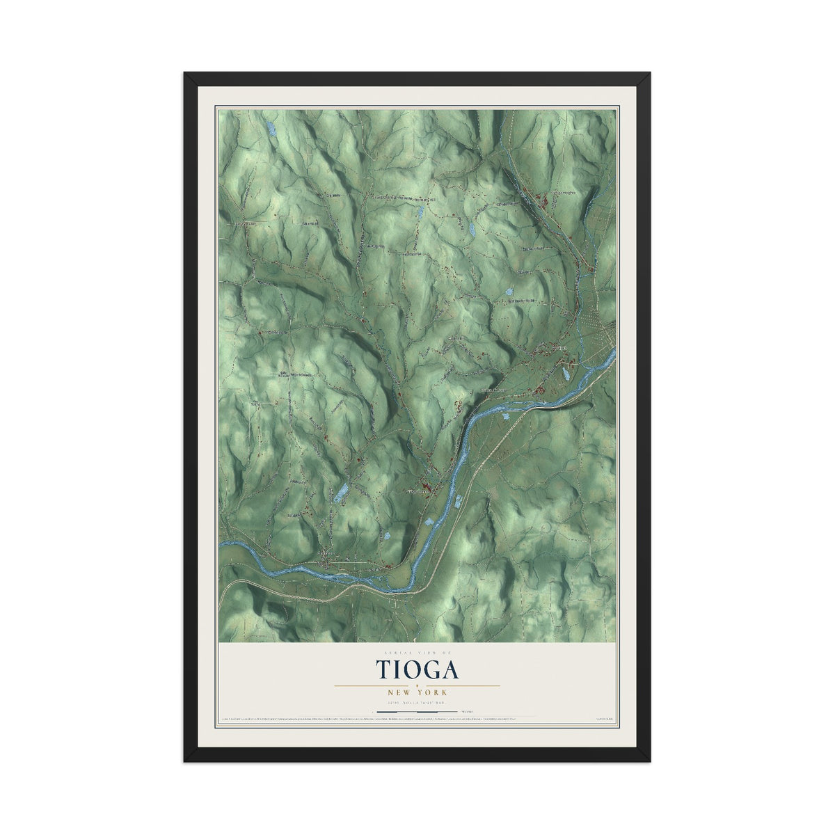 Tioga, New York map print, 12" x 18" W/ Black Ayous Wood Frame mockup