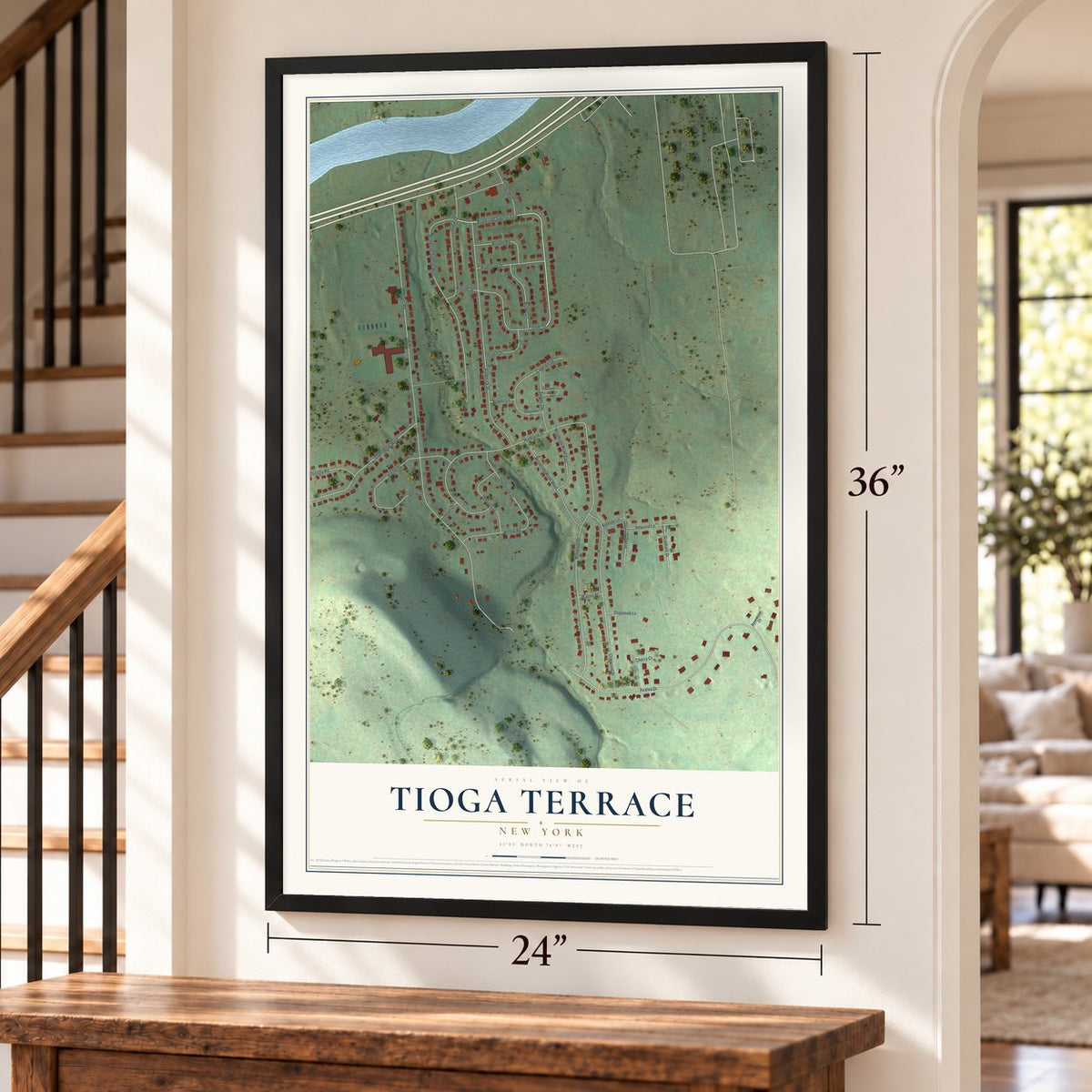 Tioga Terrace, New York map, 24 x 36 inch print in a black frame by a staircase