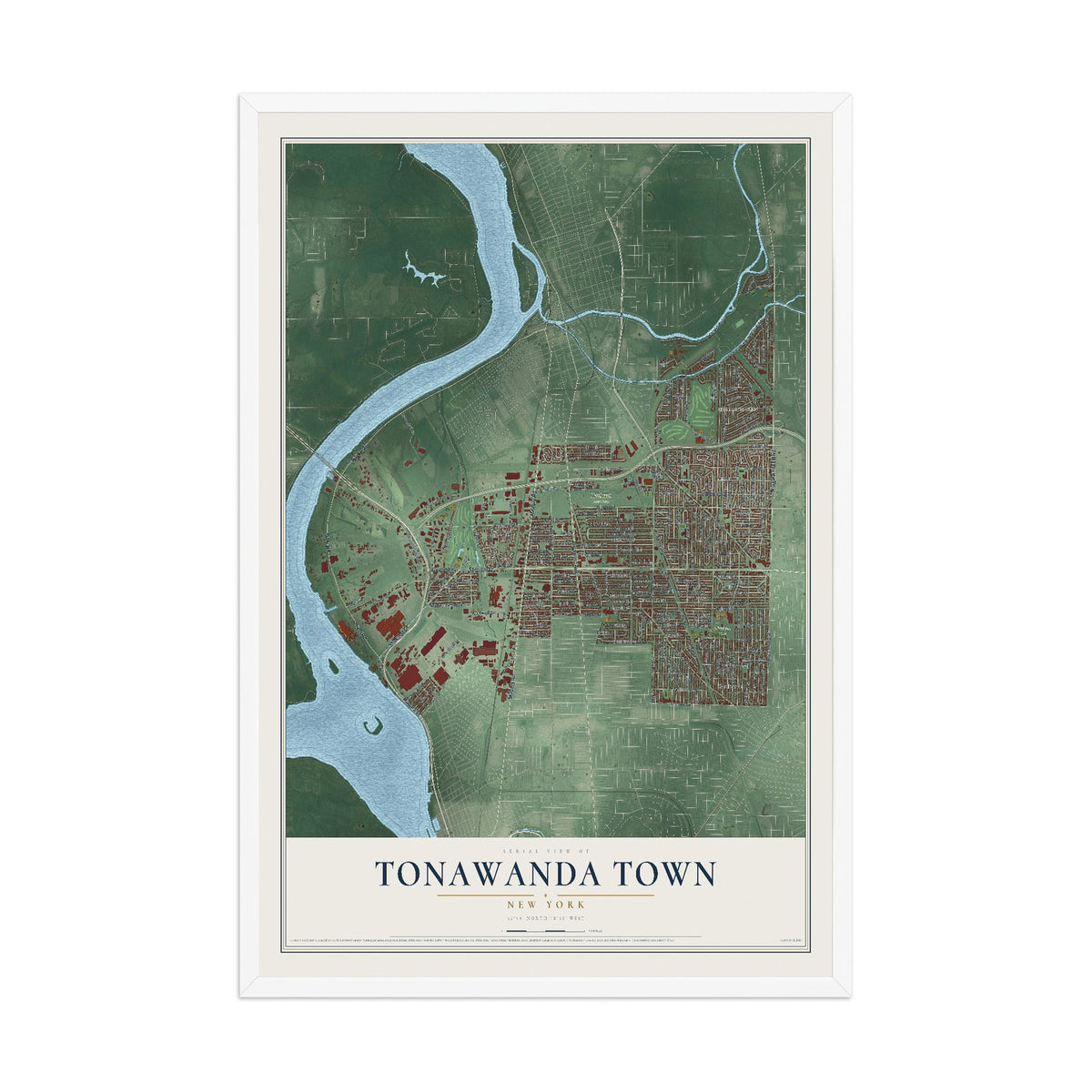 Tonawanda Town, New York map print, 12" x 18" W/ White Ayous Wood Frame mockup