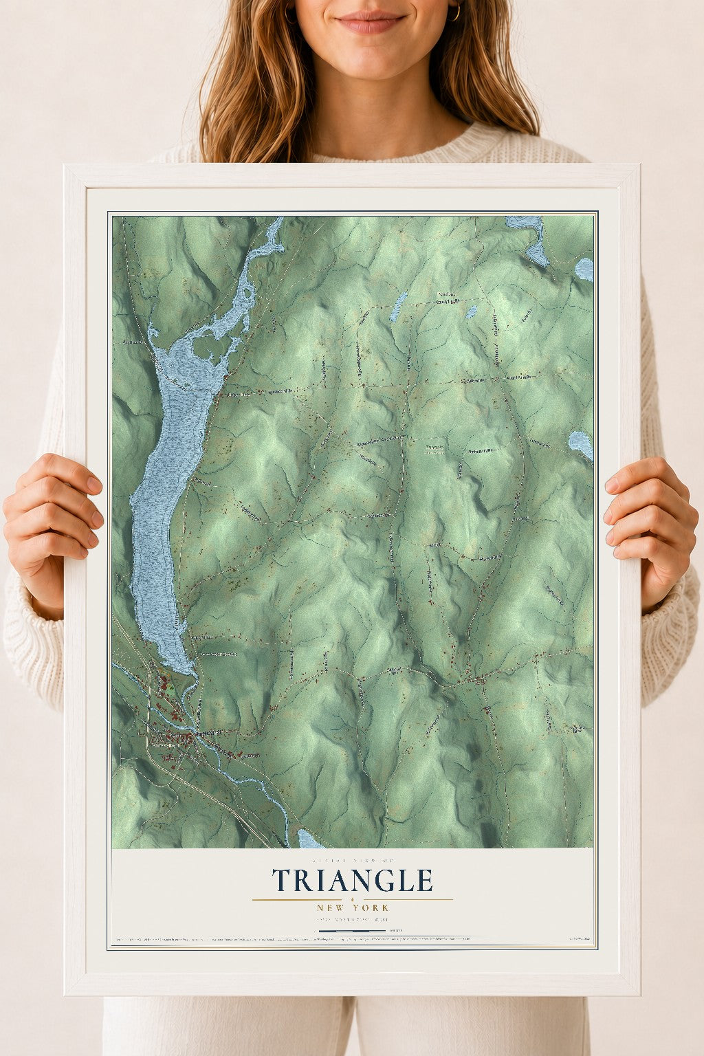 Triangle, New York map print, 18" x 24" W/ White Ayous Wood Frame mockup